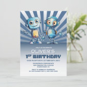 Robot Thema 1. Geburtstag Party Einladung (Stehend Vorderseite)