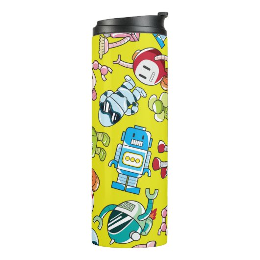 Robot Theme: Farbenvolles nahtloses Muster. Thermosbecher (Nach links gedreht)