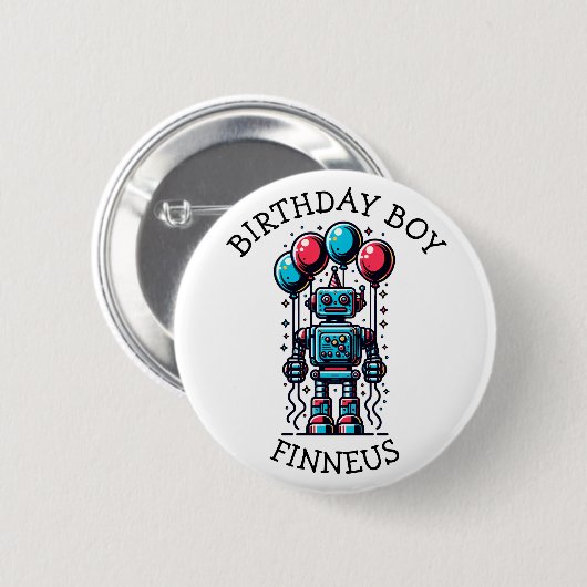 Robot Themed Boy's Happy Birthday Button (Vorne & Hinten)