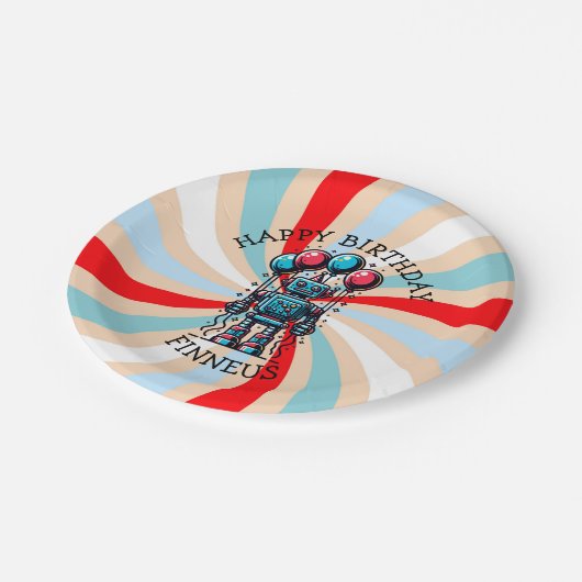 Robot Themed Boy's Happy Birthday Pappteller (Schrägansicht)