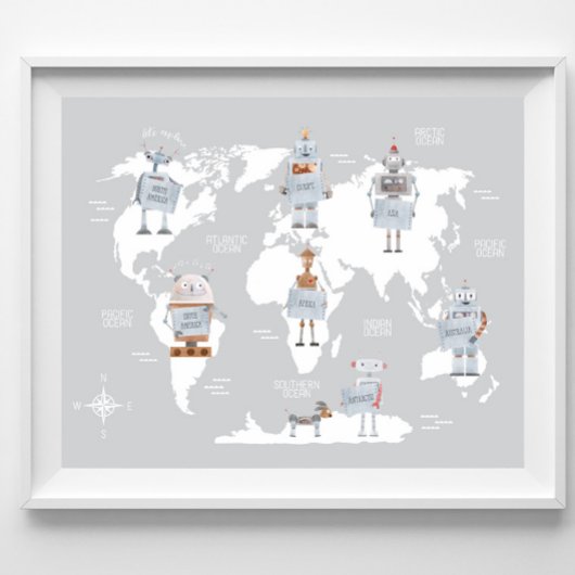 Robot World Map, World Map Boys Room Poster