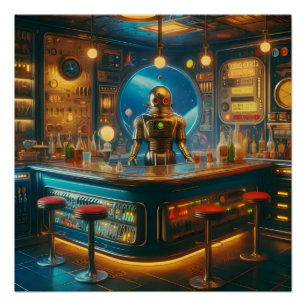 Roboter-Barkeeper in der interstellaren Space-Age- Poster