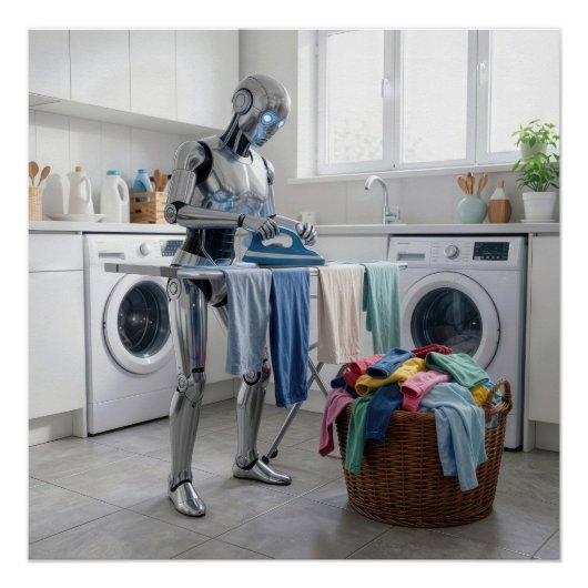 Roboter bügelt Kleidung Poster (Vorderseite)