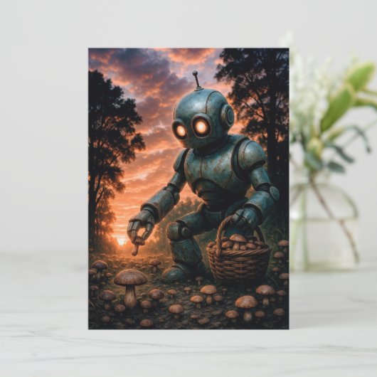 Roboter ernten Pilze und Picken von Rose Einladung (Stehend Vorderseite)