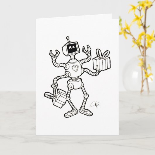 Roboter Greeting Card - Crazy Roboter arms Karte (Gelbe Blume)