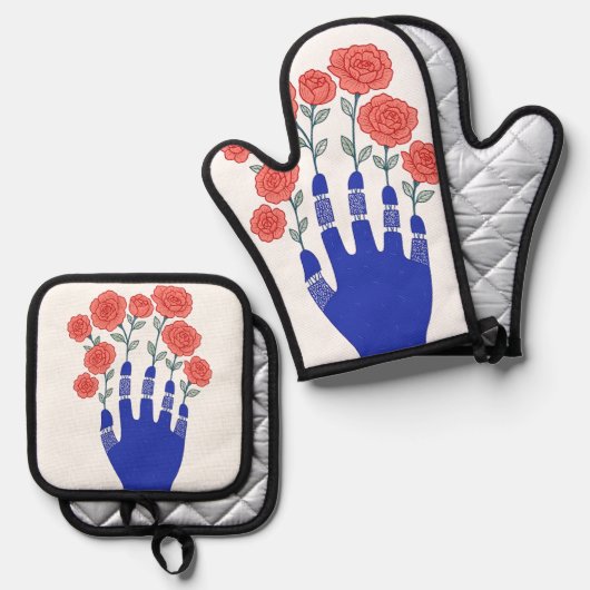 Roboter Hand mit blühenden Rose Artwork Ofenhandschuh & Topflappen-Set (Vorderseite/Rückseite)