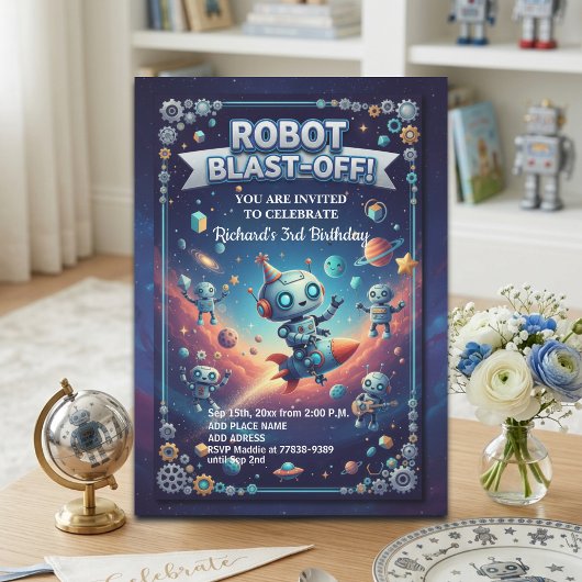 Roboter im Weltraum 3. Geburtstagsfeier Einladung