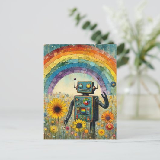 Roboter in einer Blume Wiese mit einem Regenbogen  Postkarte (Stehend Vorderseite)