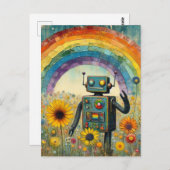 Roboter in einer Blume Wiese mit einem Regenbogen Postkarte (Vorne/Hinten)