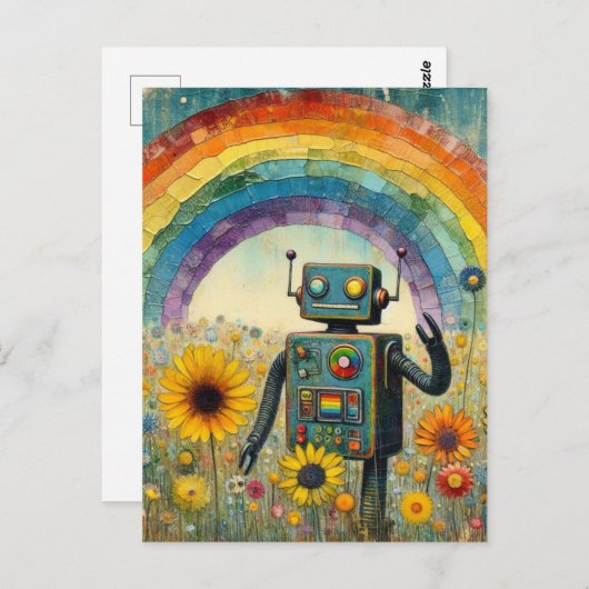 Roboter in einer Blume Wiese mit einem Regenbogen  Postkarte (Vorne/Hinten)