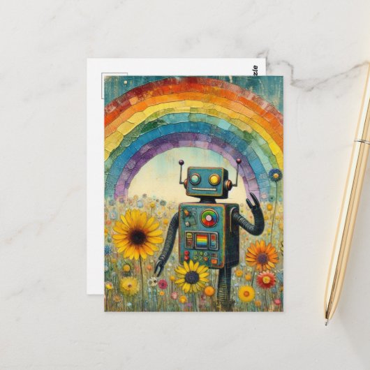 Roboter in einer Blume Wiese mit einem Regenbogen Postkarte (Vorderseite/Rückseite Beispiel)