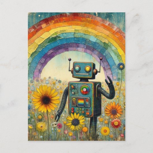 Roboter in einer Blume Wiese mit einem Regenbogen Postkarte (Vorderseite)