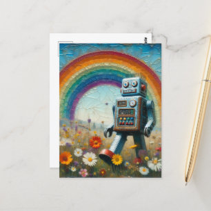 Roboter in einer Blume Wiese mit Regenbogen Postkarte