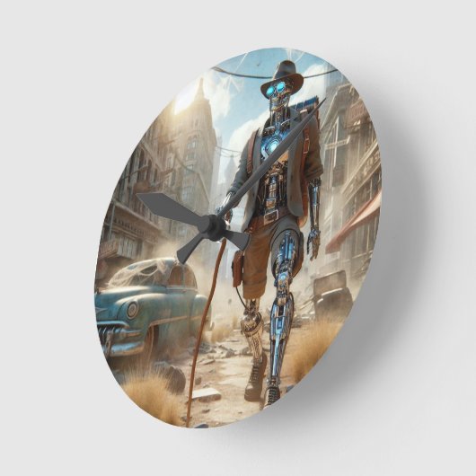 Roboter in Ghost Town Runde Wanduhr (Winkel)