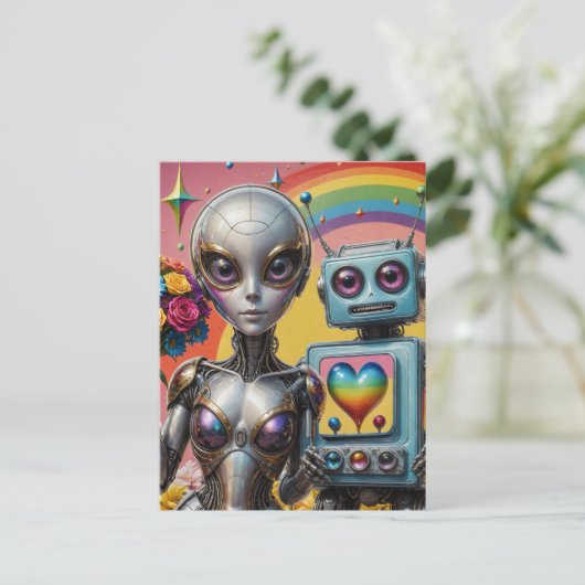 Roboter in Liebe LGBTQ Postkarte (Stehend Vorderseite)
