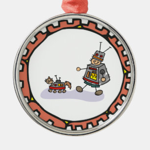 Roboter-Junge mit Roboter-Katzen-Grafik Silbernes Ornament