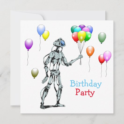 Roboter mit Balloons Einladung zum Geburtstag (Vorderseite)