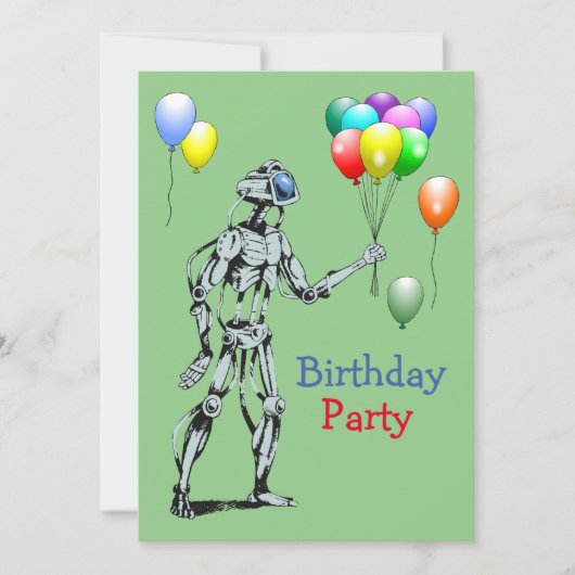 Roboter mit Balloons Einladung zum Geburtstag (Vorderseite)