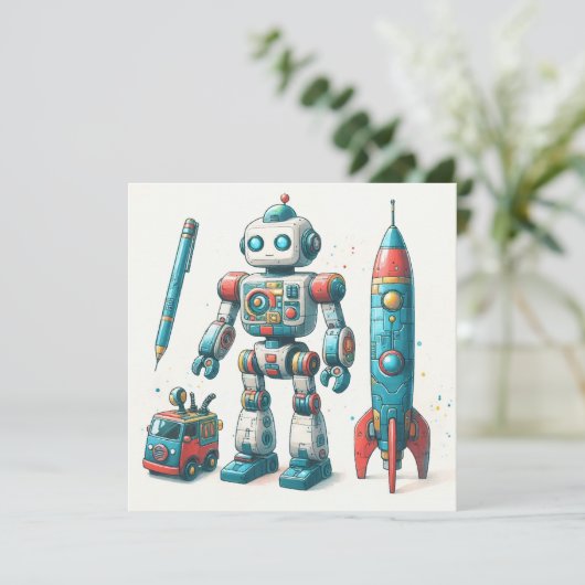 Roboter mit Raumschiff Feiertagskarte (Stehend Vorderseite)