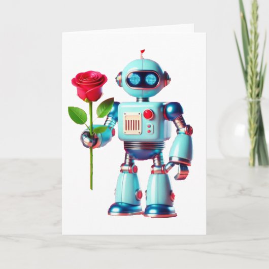 Roboter mit Rose Feiertagskarte (Vorderseite)