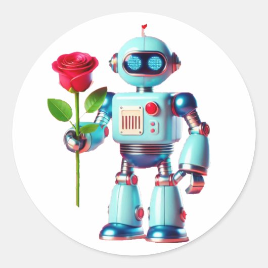Roboter mit Rose Runder Aufkleber (Vorderseite)