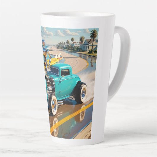 Roboter mit Surfbrett auf einem Oldtimer Milchtasse (Rechte Ecke)
