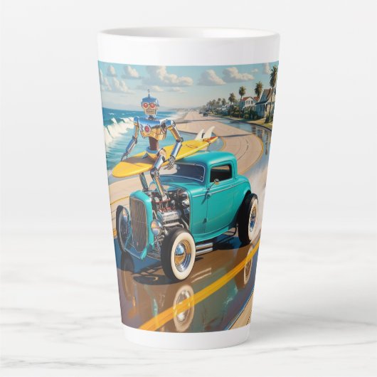 Roboter mit Surfbrett auf einem Oldtimer Milchtasse (Vorderseite)