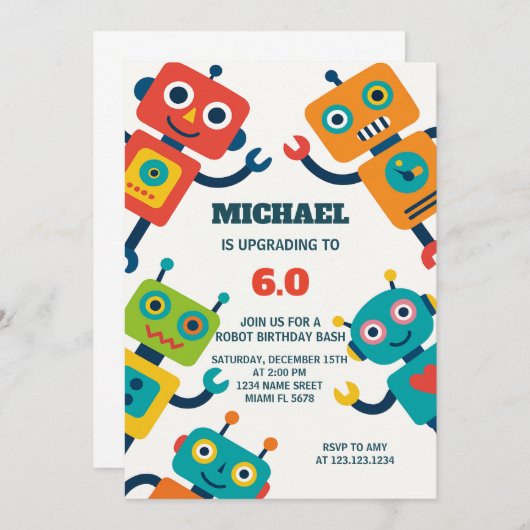 Roboter-Party Einladung für Kinder (Vorne/Hinten)