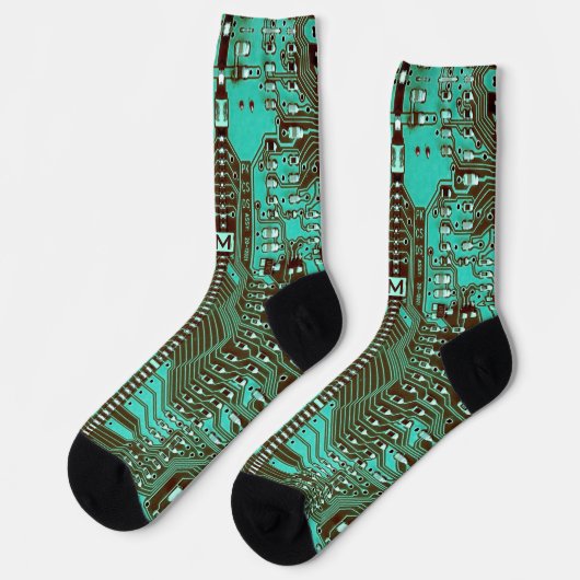 Roboter-PCB Mikrochip Türkis Geek Mit Monogramm Socken (Linkes Detail)