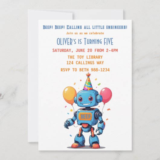 Roboter-Thema mit Ballons Aquarell Einladung (Vorderseite)