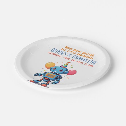 Roboter-Thema mit Ballons Aquarell Pappteller (Schrägansicht)