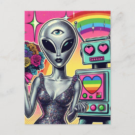 Roboter und Alien in der Liebe Postkarte