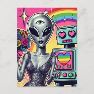Roboter und Alien in der Liebe Postkarte