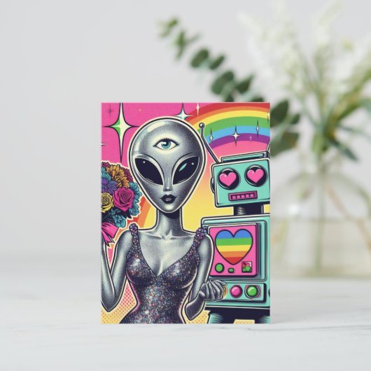 Roboter und Alien in der Liebe Postkarte (Stehend Vorderseite)