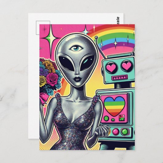 Roboter und Alien in der Liebe Postkarte (Vorne/Hinten)