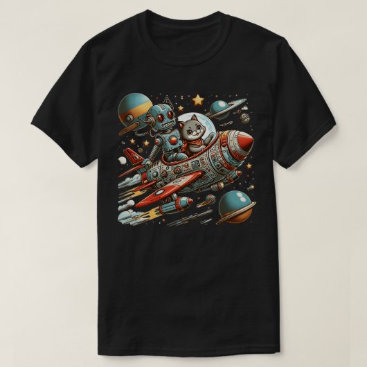 Roboter und Cat Rocket Ride T-Shirt (Design vorne)