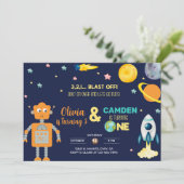 Roboter & Weltraumraketengeschwister Einladung. Einladung (Stehend Vorderseite)