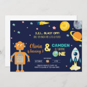 Roboter & Weltraumraketengeschwister Einladung. Einladung (Vorne/Hinten)