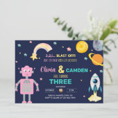 Roboter & Weltraumraketengeschwister Einladung. Einladung (Stehend Vorderseite)