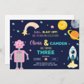 Roboter & Weltraumraketengeschwister Einladung. Einladung (Vorne/Hinten)