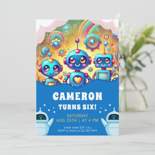 Robotics-Party zum Geburtstag einladen Einladung (Stehend Vorderseite)