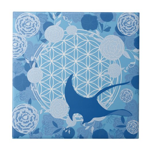 Rochen, Blume des Lebens, blau, mandala,zen,chakra Fliese (Vorderseite)