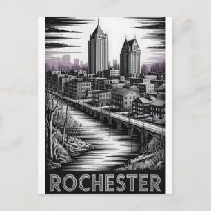 Rochester New York Skyline Schwarz Weiß Holzschnit Feiertagspostkarte