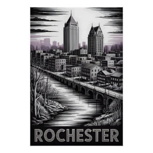 Rochester New York Skyline Schwarz Weiß Holzschnit Poster