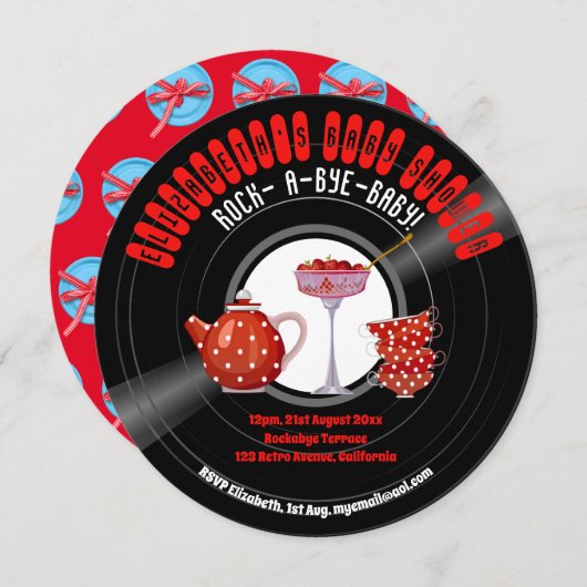 Rock-A-Bye-BABY Duschkabine Retro Party Red Einladung (Vorne/Hinten)