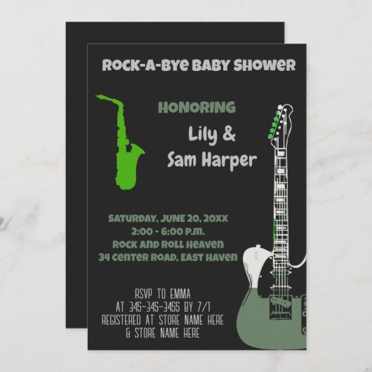 Rock a Bye Guitar Rock Star Kinderdusche Einladung (Vorne/Hinten)
