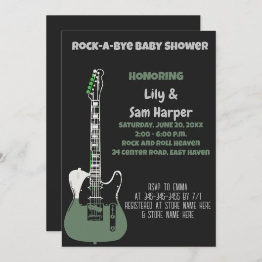 Rock a Bye Guitar Rock Star Kinderdusche Einladung (Vorne/Hinten)