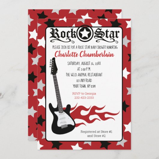 Rock a Bye Red Rock Star Gitarrendusche Einladung (Vorne/Hinten)