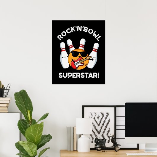 Rock and Bowl Superstar Funny Bowling Puck Dark BG Poster (Heimbüro)