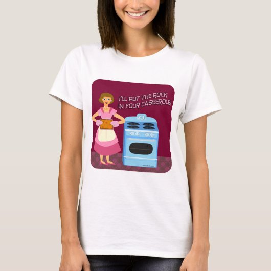 Rock and Casserole Cartoon Housefrau Charakter T-Shirt (Vorderseite)